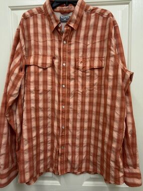 Simms Big Sky Men's Orange Plaid snap front long sleeve Shirt size XXL